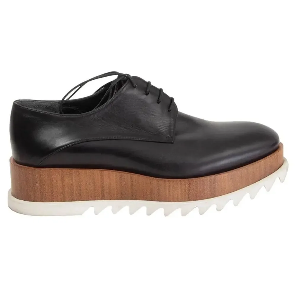 JIL SANDER Black Leather Wooden Platform Derbys Flats Shoes Size 36